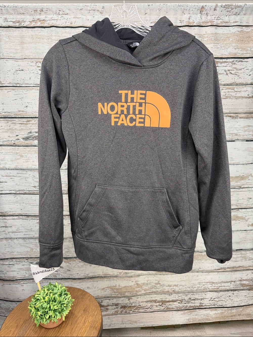 The North Face Charcoal Gray Hoodie with Orange Logo